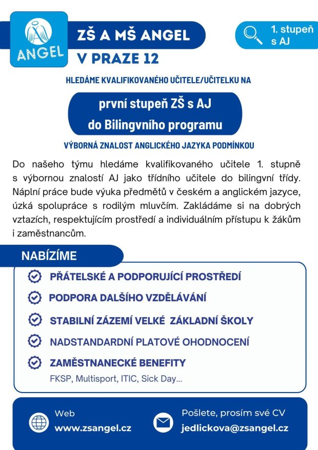 Nabídka práce - UČITEL/UČITELKA 1. STUPNĚ S AJ